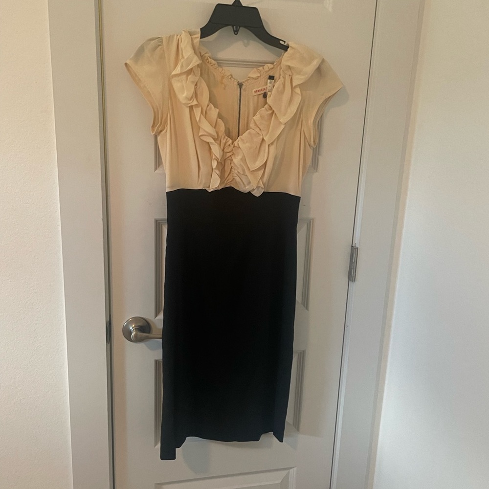 Rebecca Taylor Ruffle Silk & Linen Knee Length Cream & Black Dress Size 6